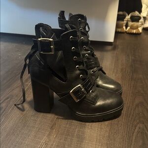 Steve Madden Black Heeled Combat Boots with Buckles